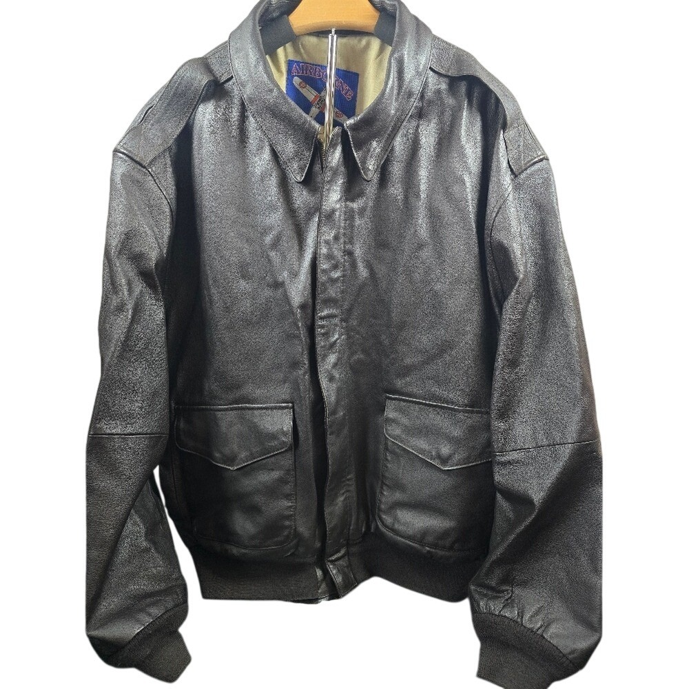 Airborne Mens Genuine Leather Bomber Flight Jacket Brown XL American Flag Lining
